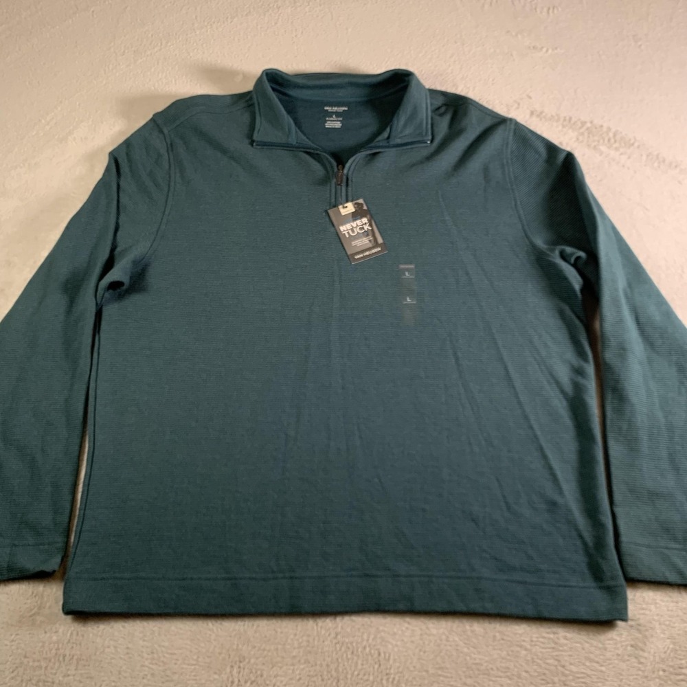 Van Heusen Sweater Mens L Blue Quarter Zip Mock Neck Never Tuck Otto Stretch NEW